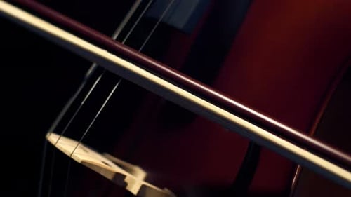 Bow is slowly playing on strings of the cello in darkness, close-up. Playing the cello.