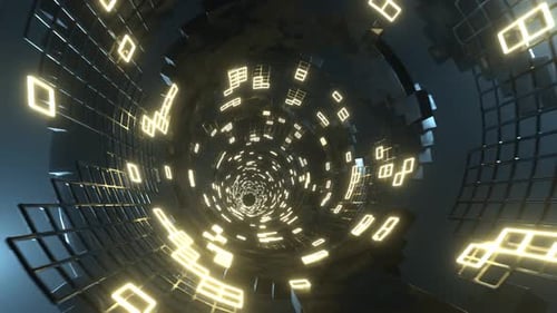 Flight in abstract sci-fi tunnel seamless loop. Futuristic motion graphics, high tech background