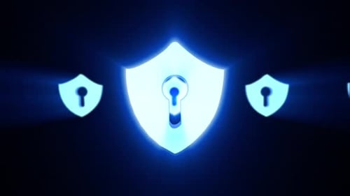 Glowing Digital Security Shields 3D Animation Loop