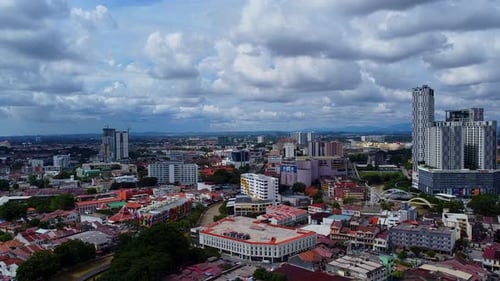 Epic panorama aerial shot of malacca city with river on cloudy day,Malaysia