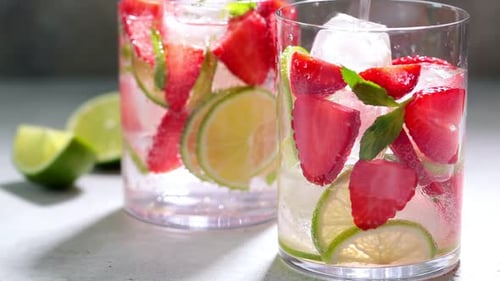 Refreshing Drinks with Strawberries, Lime and Ice