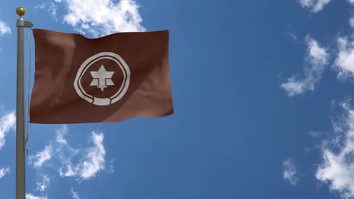 Realistic Waving Flag Template with Customizable Logo on Pole against Blue Sky
