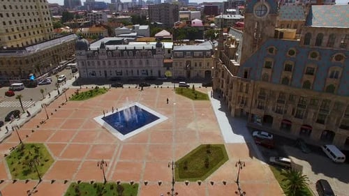 Fountain in middle of Europe Square in Batumi Georgia, scorching summer, resort