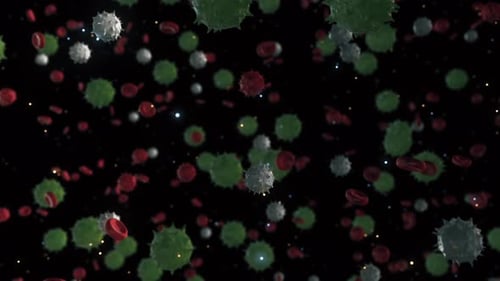 Abstract green and white bacteria among red blood cells