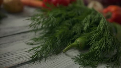 Fresh Vegetables and Herbs on Wooden Surface