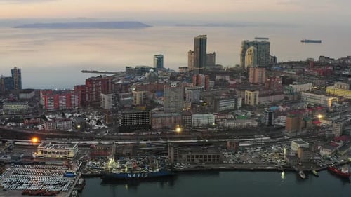 Drone View of the Cargo Terminal with Port Cranes at Sunset