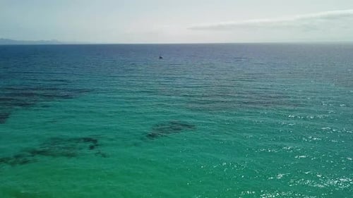 Aerial view of beautiful coast line with beach and colored blue ocean. Concept of vacation