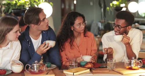 Diverse Friends Enjoying Tea and Conversation at Cafe