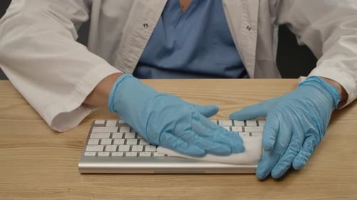Hands in Gloves Disinfect Keyboard with Cloth