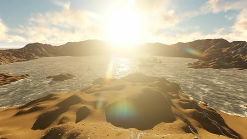 Aerial View of Scenic Water Landscape with Mountains and Boats