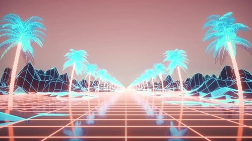 Camera Moves Along the Synthwave Wireframe Net