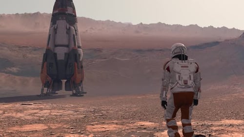 Astronaut Walks to Spaceship on Alien Planet Landscape