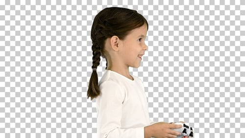 Smiling little girl play videogame holding, Alpha Channel