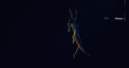 Acrobatic Woman Performs on Trapeze Equipment in Spotlight