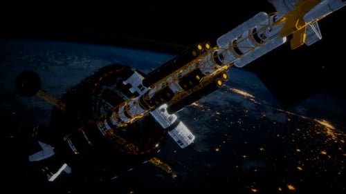 Futuristic Spaceship and Station Docking in Earth Orbit at Night