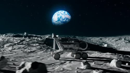Lunar Rover Explores Moon Surface with Earth in Deep Space