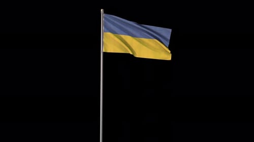 Waving Flag of Ukraine on White Flagpole