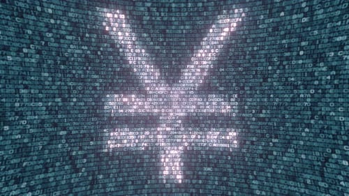 Signe lumineux en yen japonais fabriqué avec des symboles informatiques