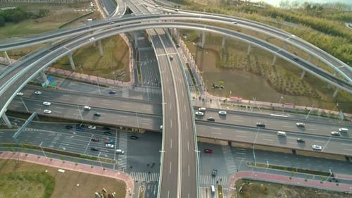 Top View To the Cars Driving on Multi-level Highway on the Sunset, Highway Multilevel Junction Road
