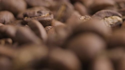 Extreme close up, roasted coffee beans. Concept spin shot.