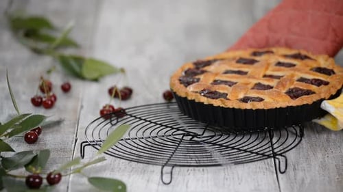 Cherry Pie Placed on a Cooling Rack