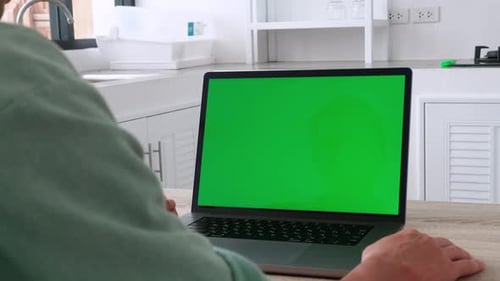 Rear View Caucasian Man Use Computer Male Hands Keyboarding Texting Laptop Green Screen Chroma Key