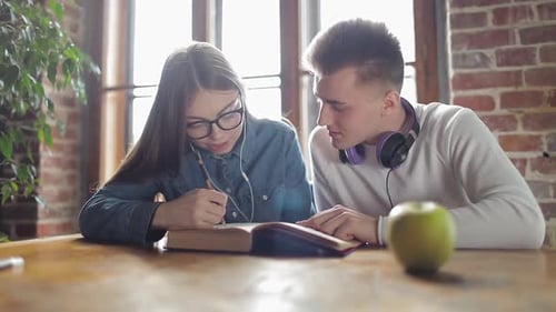 Two Students Study Together at a Table