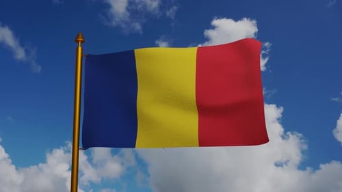 Realistic Romanian Flag Waving in Blue Sky Loop