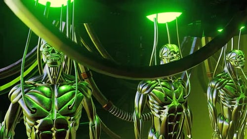 Futuristic Humanoid Robots Being Created in Green Lit Sci-Fi Lab