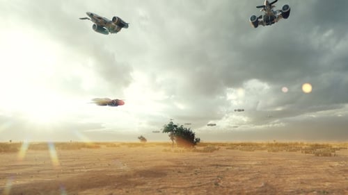 Futuristic Spaceships Flying Over Vast Desert Landscape