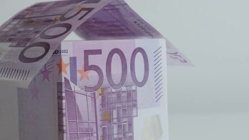 European Union paper money improvised house slow tilt 4K 21650p 30fps UltraHD footage - Close-up hom