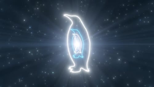 Penguin Shape Outline in Cold Antarctic Winter Sky Neon Lights Tunnel