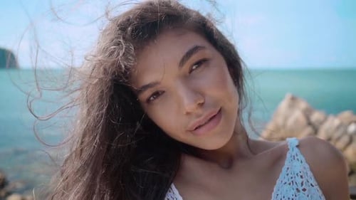Portrait of Young Girl Near the Pool View on Ocean Relax and Having Fun on Vacation