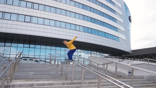Parkour Young Man Performs a Backflip Over Obstacles in the City and Doing a Flip on Training Area