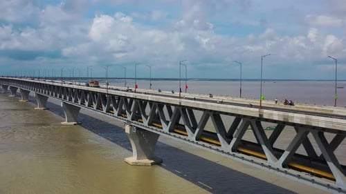 Aerial view of Padma bridge, over the Padma river by day, Dhaka, Bangladesh.