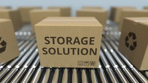 Storage Solution Boxes Moving on Conveyor Belt