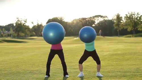 Women Exercising With Exercise Balls on Green Field