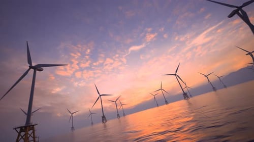 Dynamic Fly-Through of Offshore Wind Turbines at Sunset