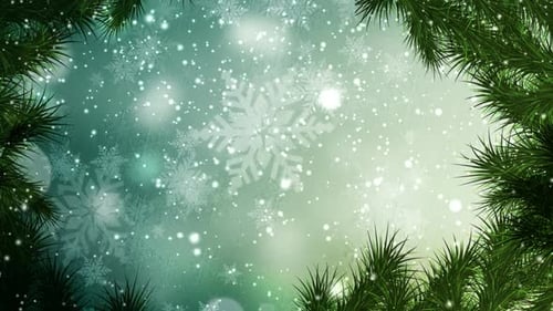 Festive Pine Branch Frame with Falling Snowflakes