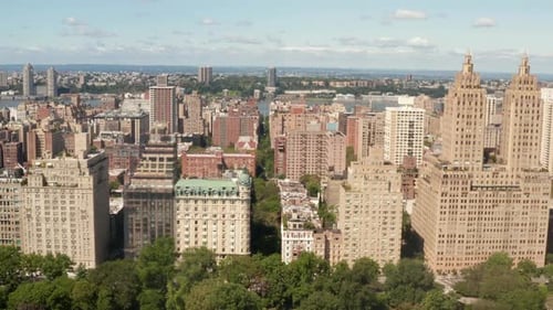 Flight Along Beautiful New York City Street at Central Park on Sunny Summer Day