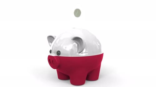 Coins Fall Into Piggy Bank Painted with Flag of Poland