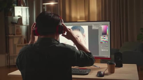 Asian Male Digital Editor Start Works In Photo Editing Software On His Personal Computer