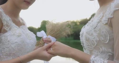 Close Up Hand Of Asian Lesbian Married Couple Enjoying Romantic Moments Outside, Slow Motion.