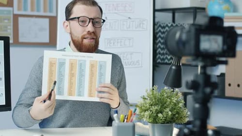 Professeur d'anglais professionnel enregistrant une vidéo pour un vlog éducatif à l'aide d'un appareil