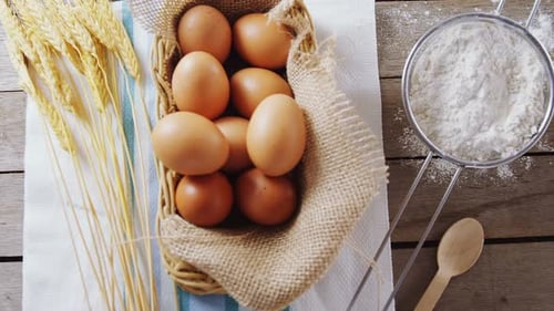 Baking Ingredients on Rustic Table Top, Overhead View