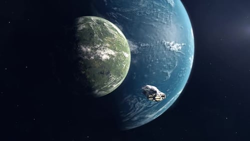 Lush Green Moon Orbiting an Ocean Super Earth - With Spaceship Approaching