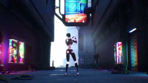 Futuristic Dancing Robot in Neon City Alley