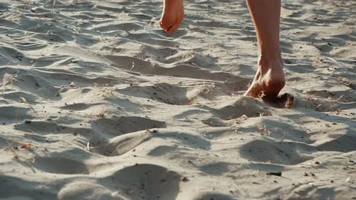 Active Sporty Barefoot Woman Runs on a Sand Beach in SLOW MOTION. Woman Fitness, Jogging Training