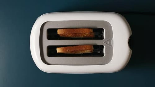 TOP VIEW: Roasted bread jump out from a white toaster on a blue table