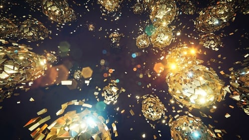 Shimmering Golden Confetti and Geometric Spheres Celebration Background